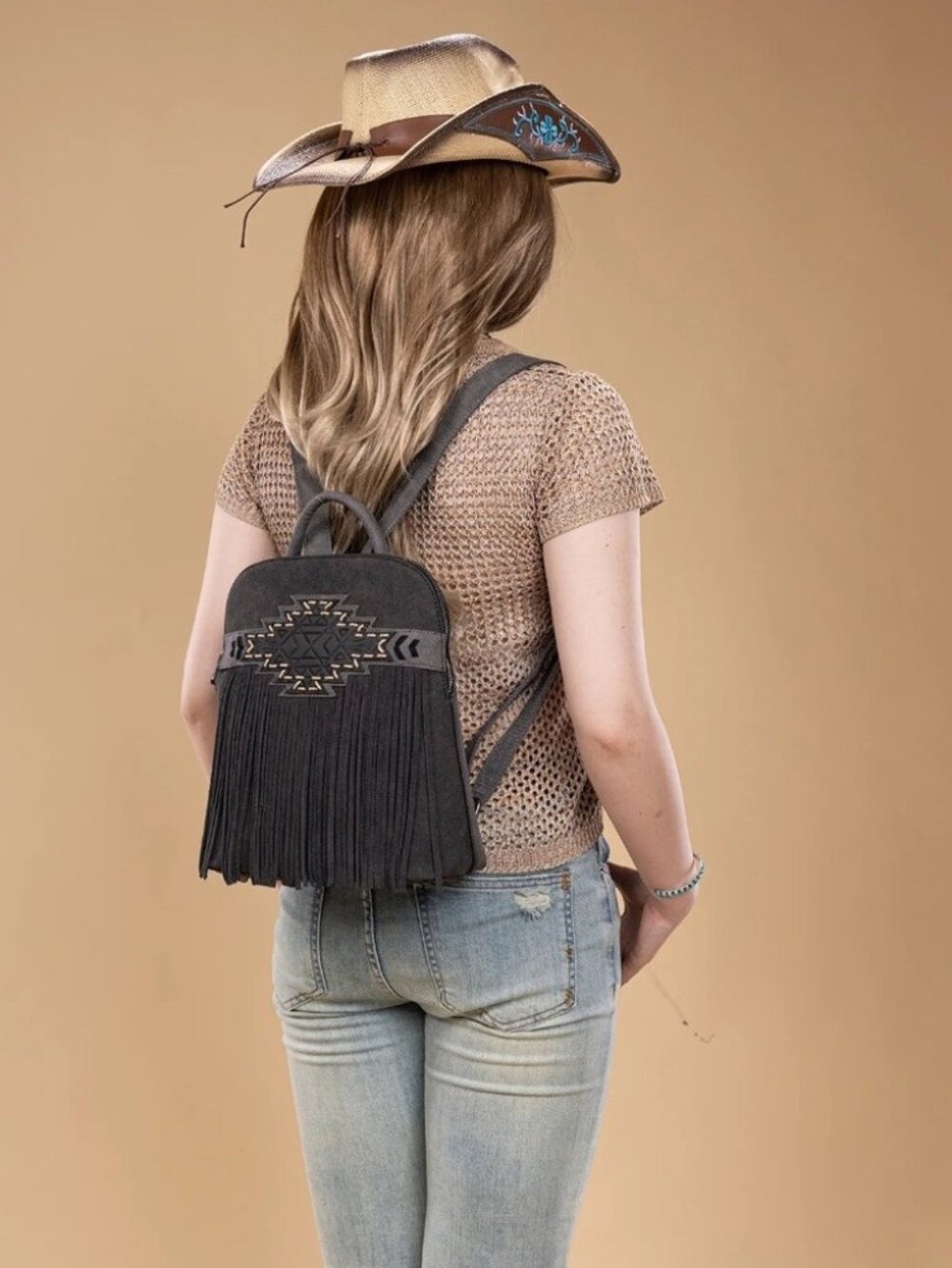 Trinity Ranch Aztec Tooled Fringe Concealed Carry Backpack Black - Picture 3 of 5